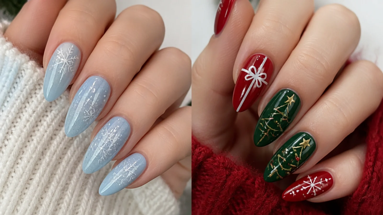Icy blue snowflake nails beside red and green Christmas nails