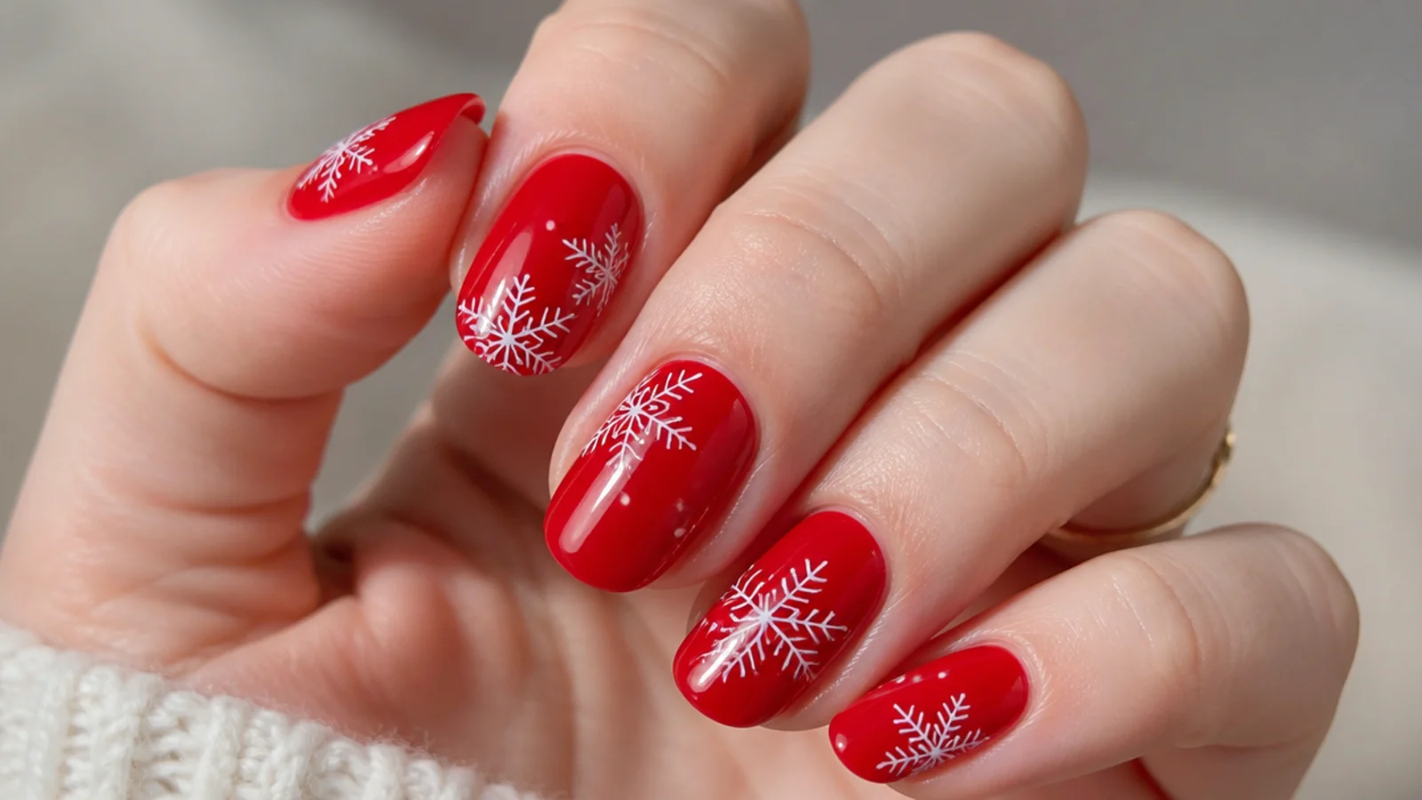 Classic red snowflake nails with white flakes on a glossy red base