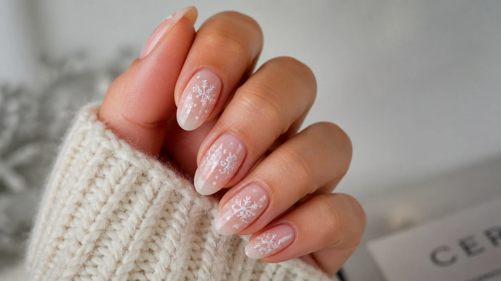Subtle milky nude snowflake nails with soft white flakes for work