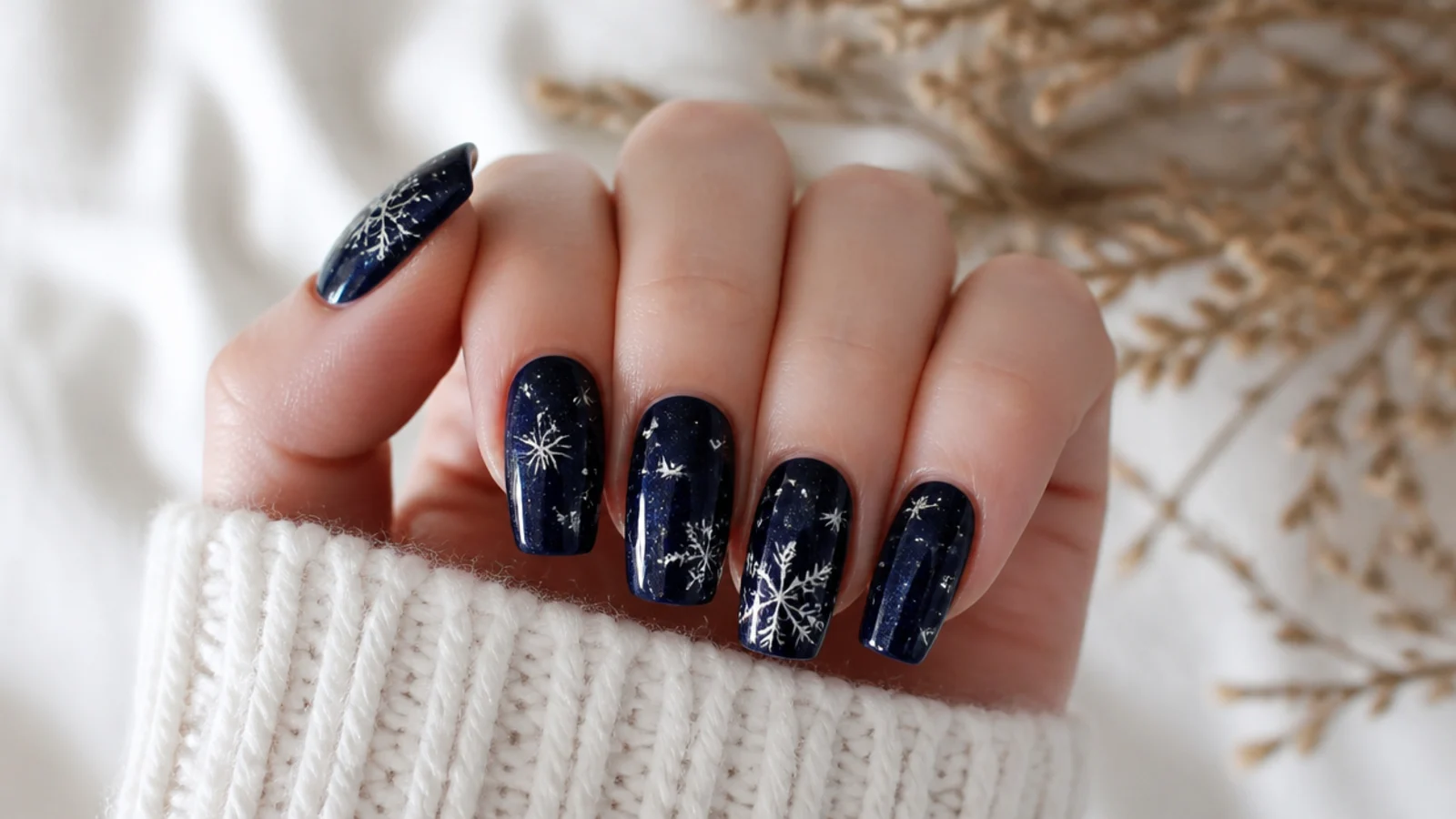 Deep navy snowflake nails with silver flakes and tiny star dots