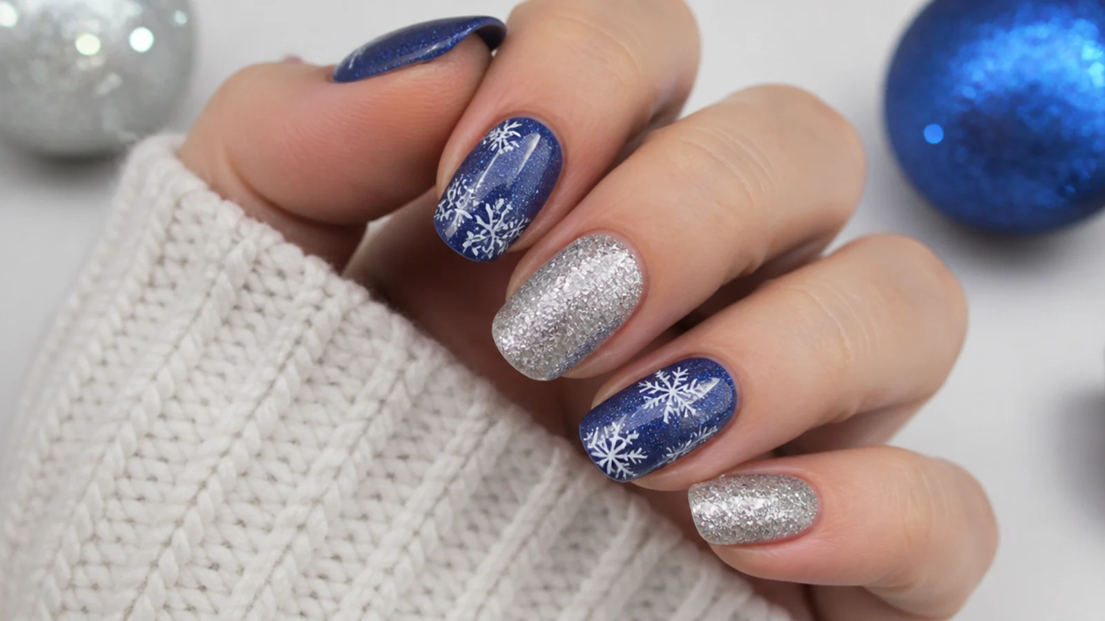 Sparkly silver glitter snowflake nails with white flakes over blue