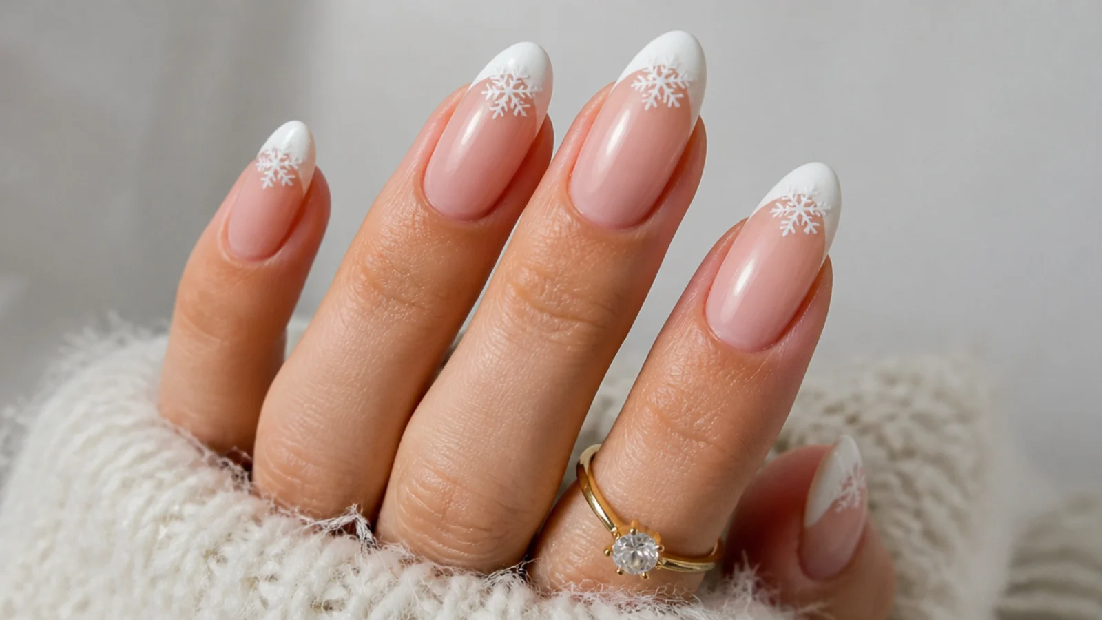 White French tip snowflake nails with one flake on each tip over nude