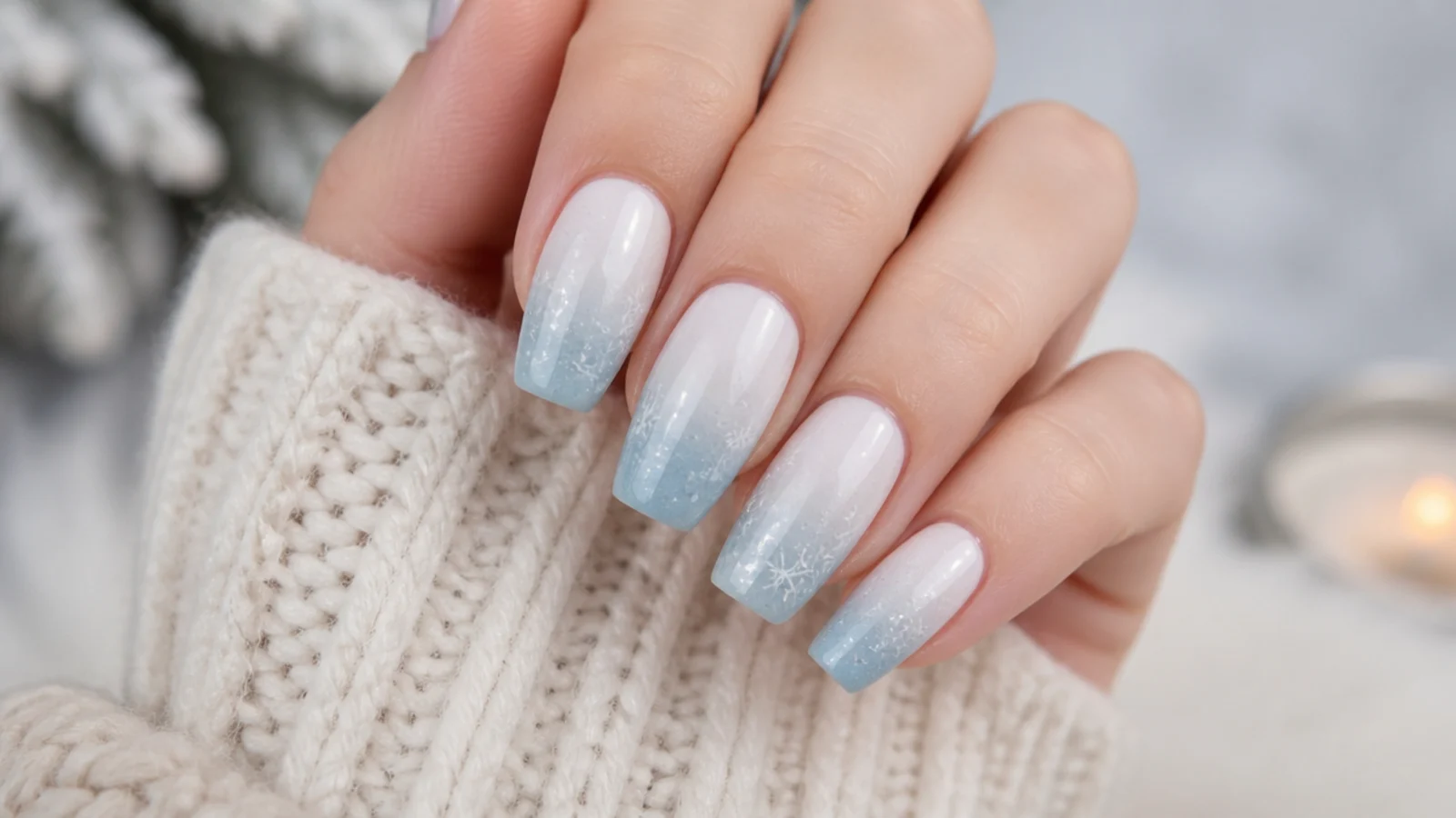 White to icy blue ombre snowflake nails with soft flakes