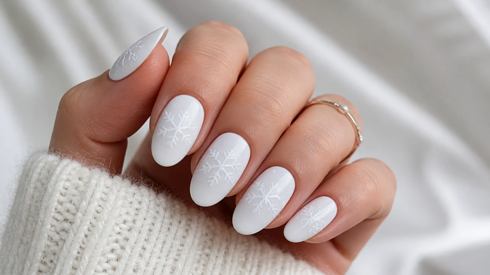 Matte white snowflake nails with glossy white flakes tone on tone