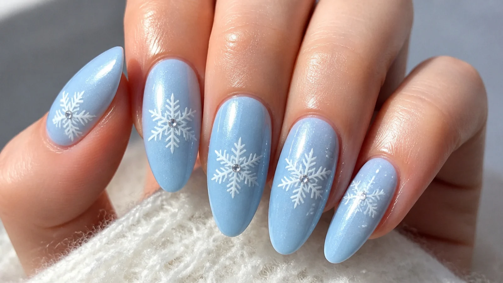 Icy blue snowflake nails with a rhinestone at each flake center