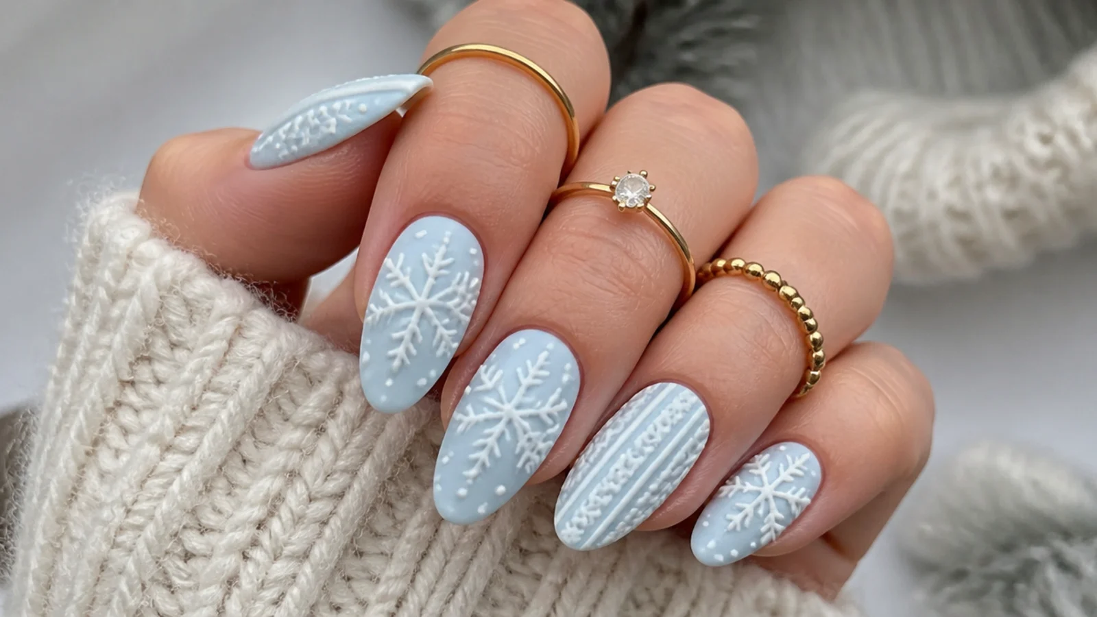 Baby blue snowflake nails with raised white flakes like a knit sweater
