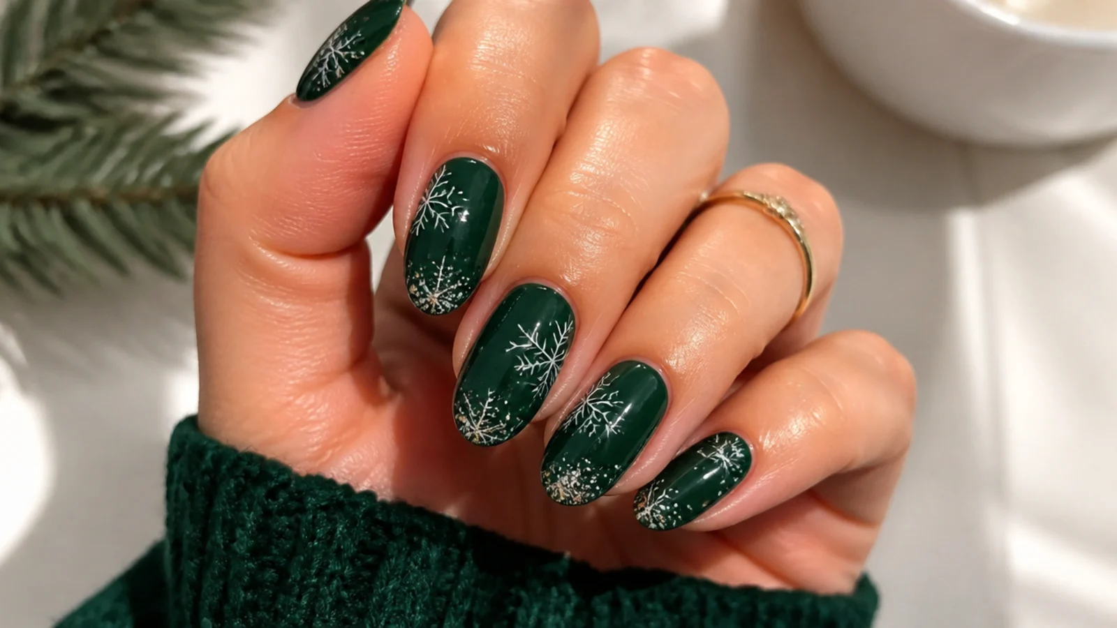 Dark green snowflake nails with white and silver flakes for the holidays