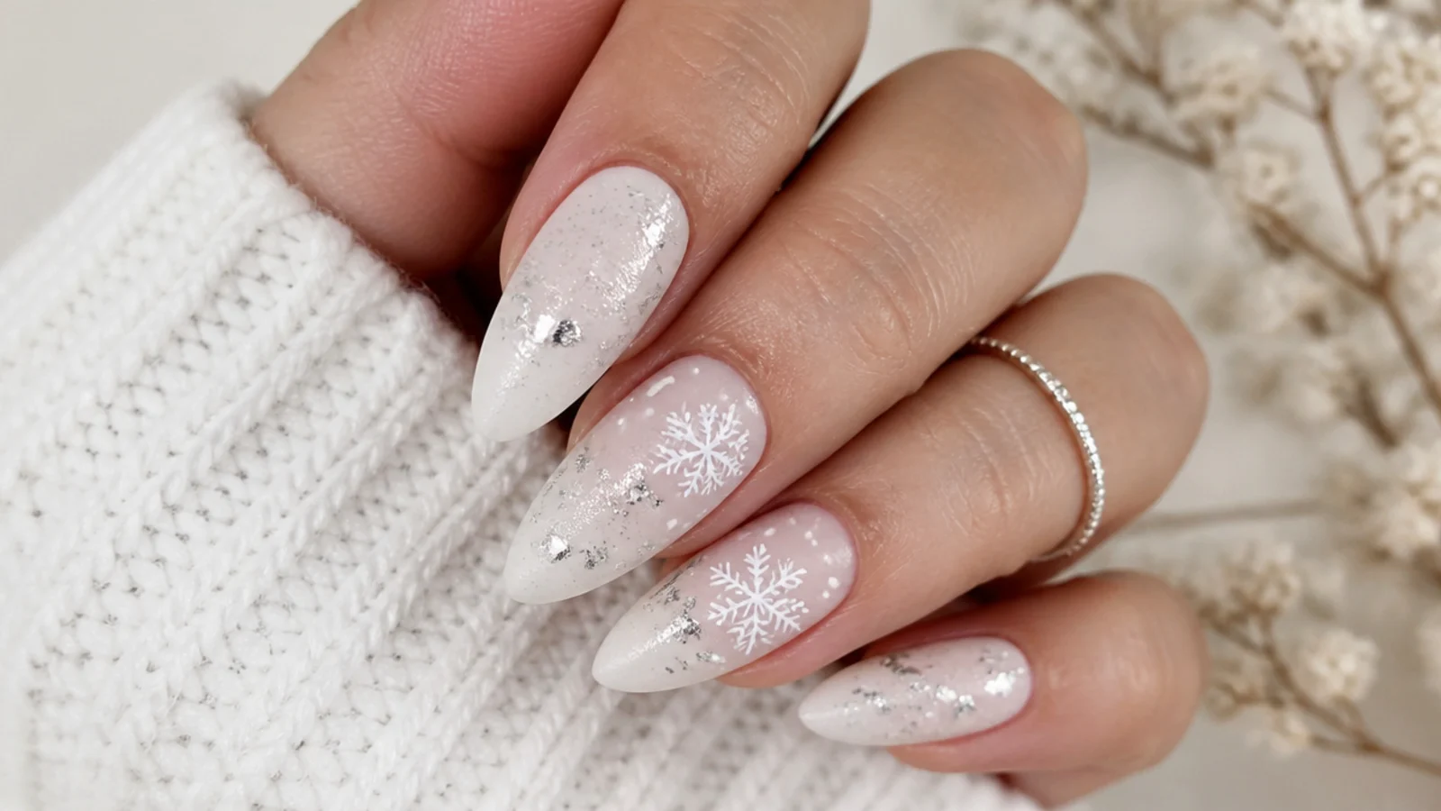 Matte white snowflake nails with silver flakes and fine glitter