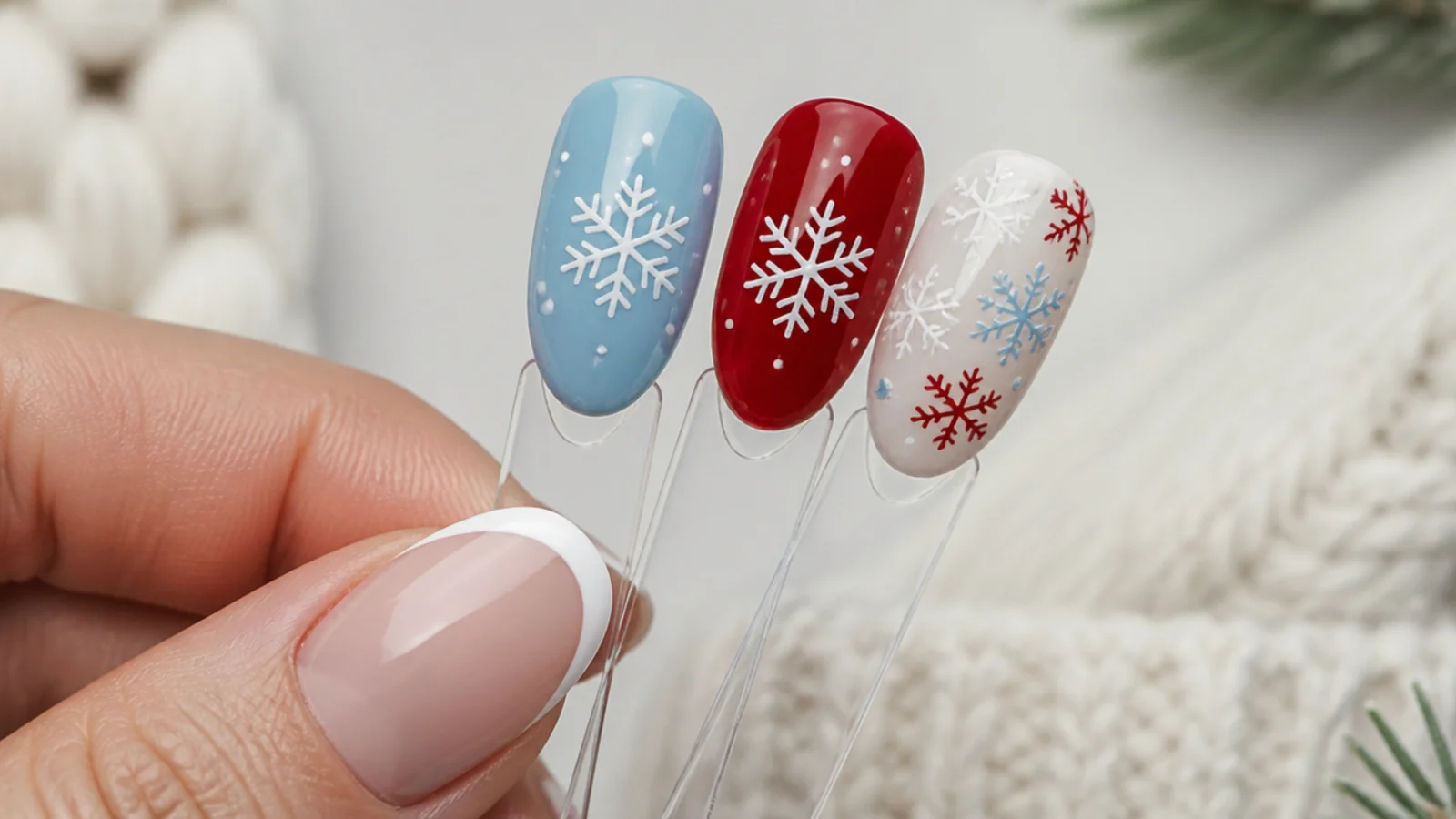 Three snowflake nail swatches in icy blue, red and white, and nude