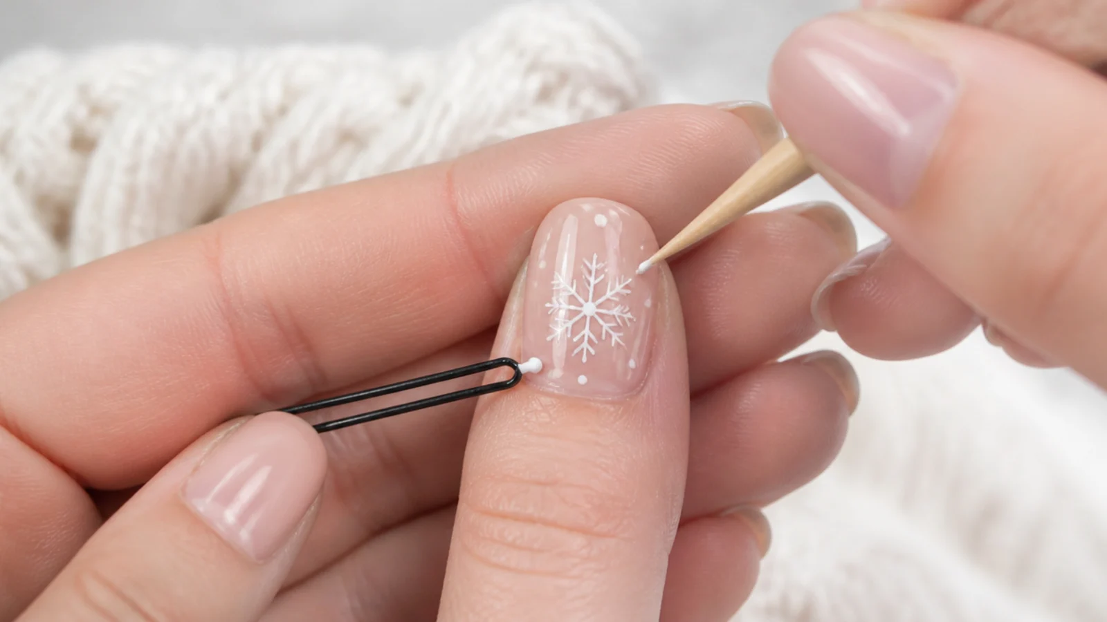 A bobby pin and toothpick placing dots on a white snowflake nail