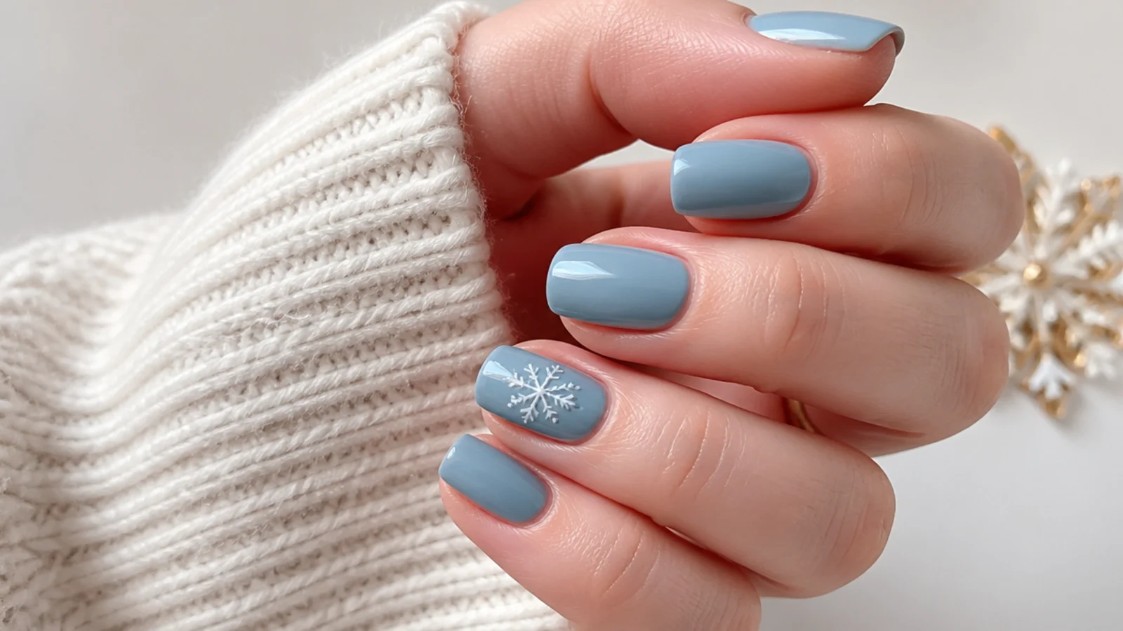 Short nails with one white snowflake accent over an icy blue base