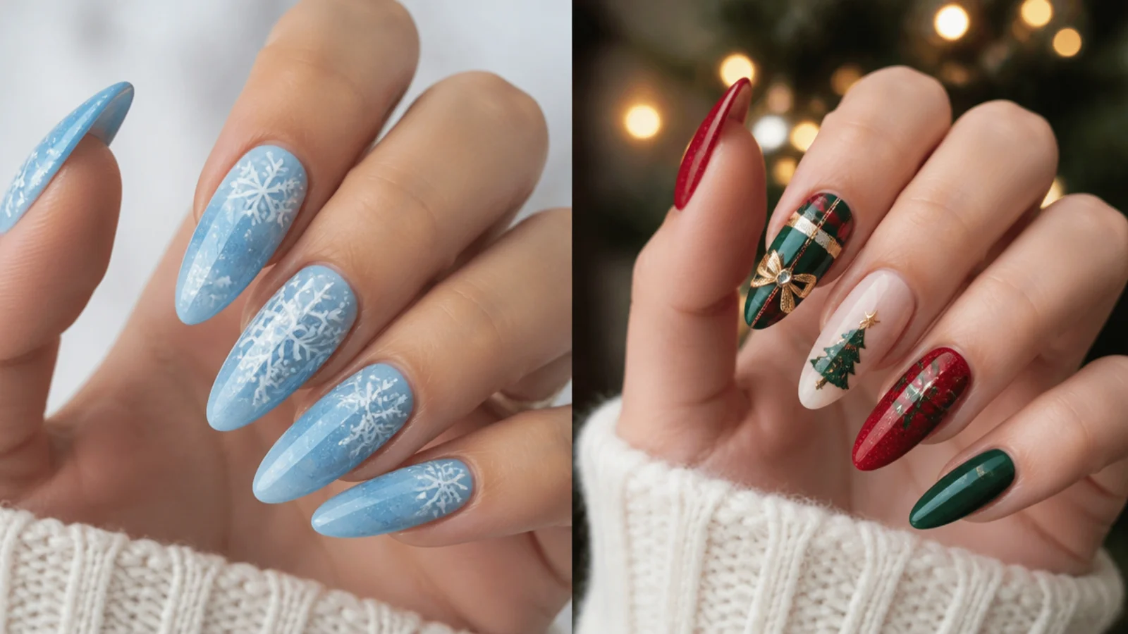Icy blue snowflake nails beside red and green Christmas nails