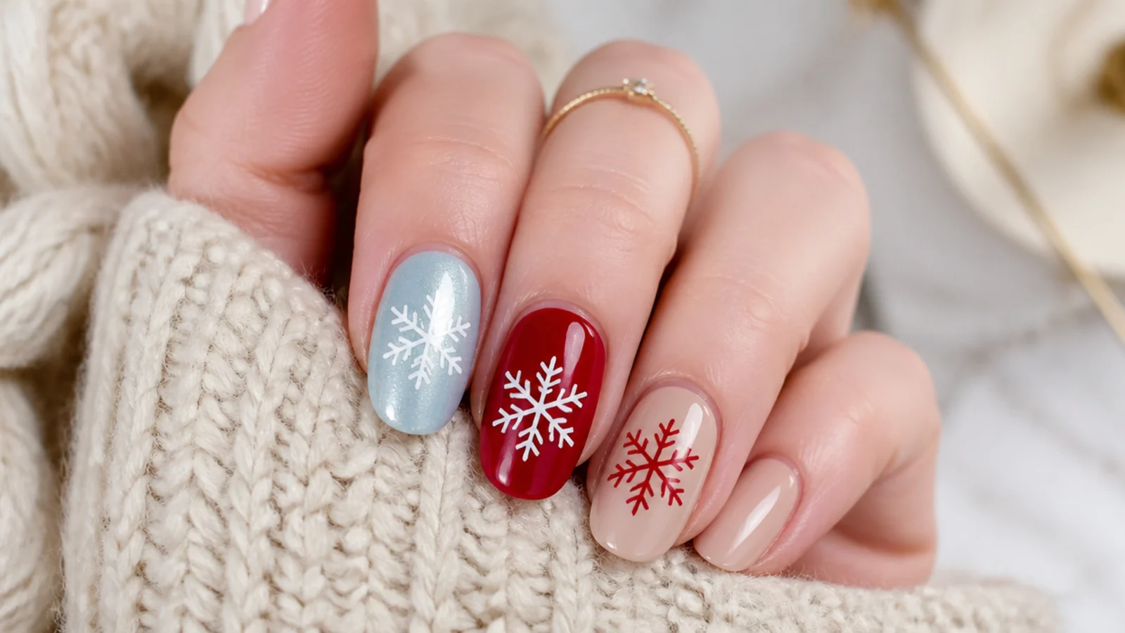 Icy blue, red and nude nails each with a contrasting snowflake for comparison