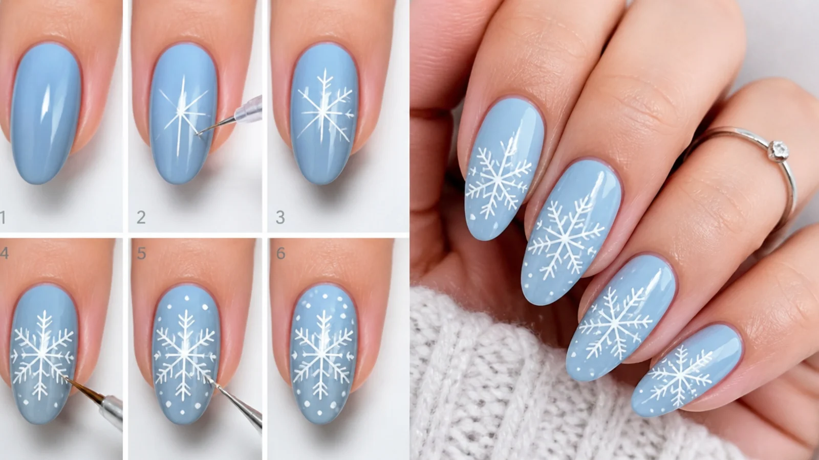 A crisp white snowflake painted over an icy blue nail, step-by-step at home