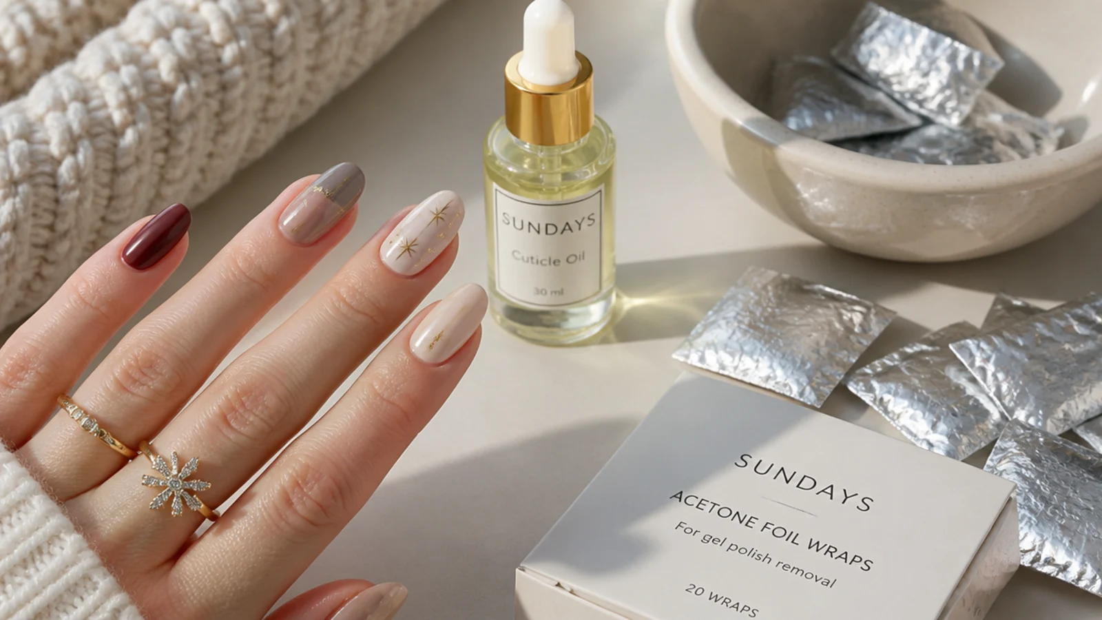 Cuticle oil and acetone foils for maintaining and removing winter gel nails