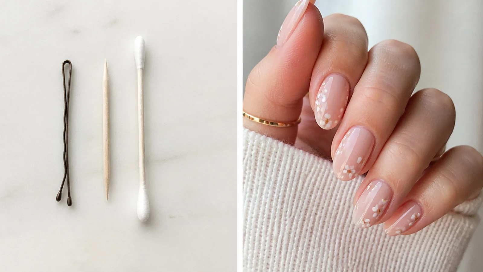 A bobby pin, toothpick and cotton swab used as improvised nail dotting tools