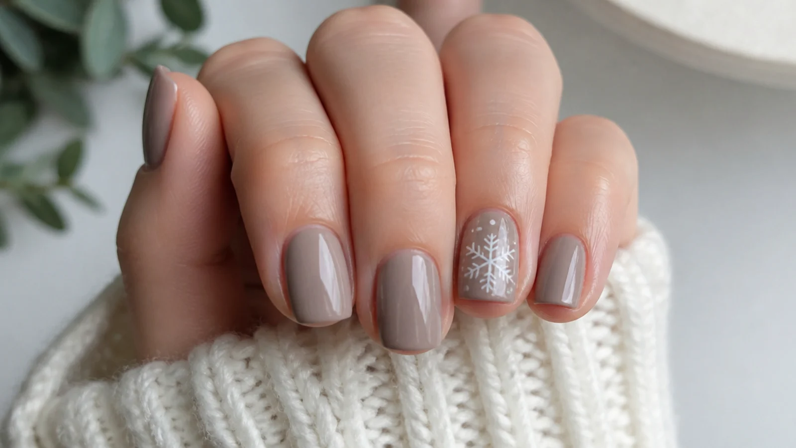 Short nails with a single white accent snowflake on one finger