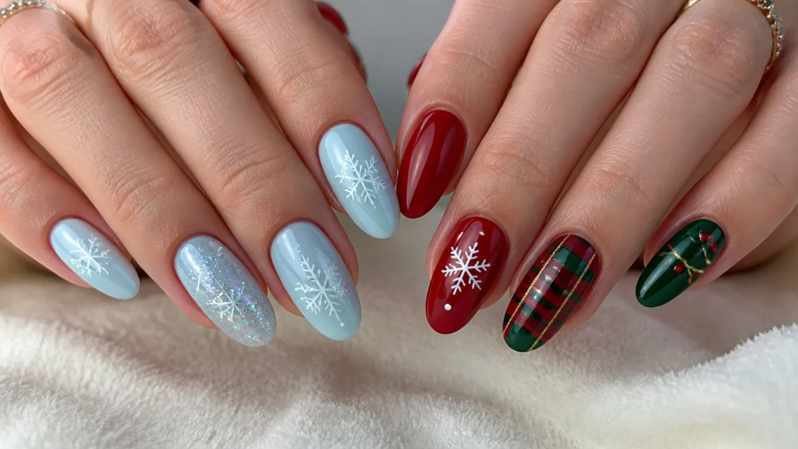 Icy blue snowflake nails next to red and green festive Christmas nails