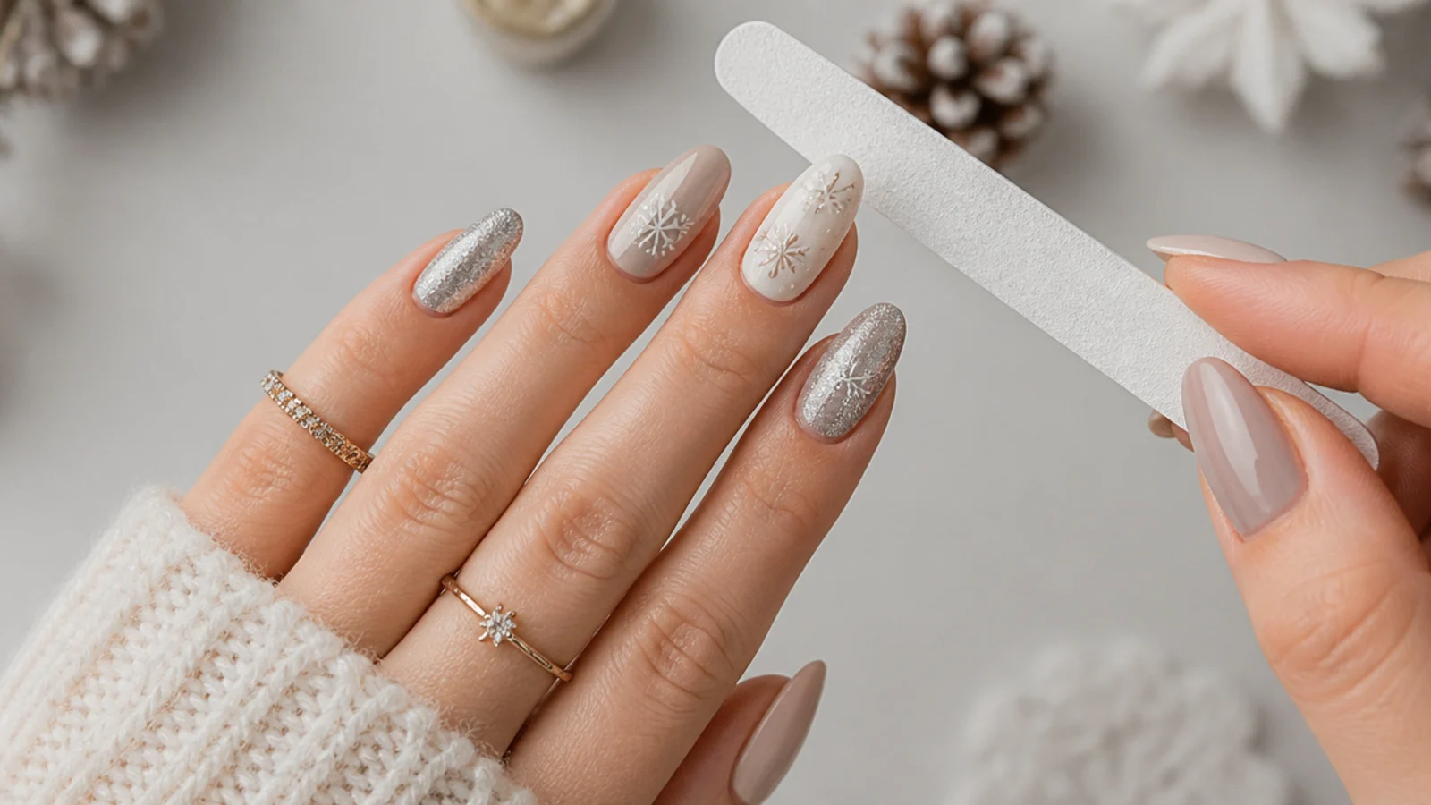 Nails being shaped and buffed in preparation for winter nail art