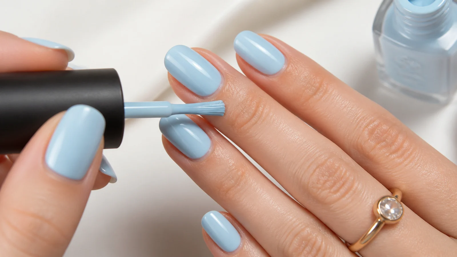 An icy blue base color being painted over the whole nail