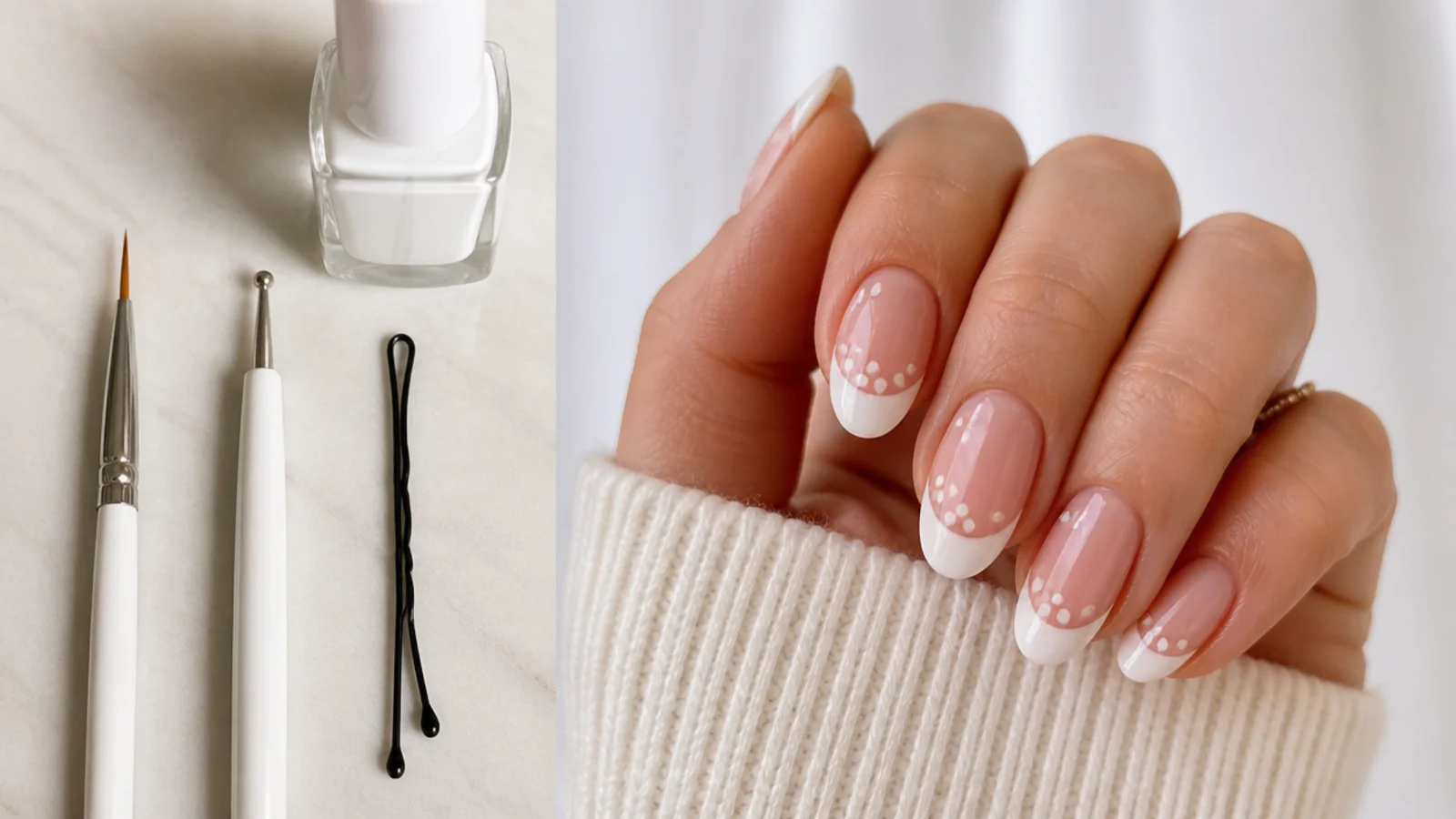A fine detail brush, dotting tool and a bobby pin laid out with white polish