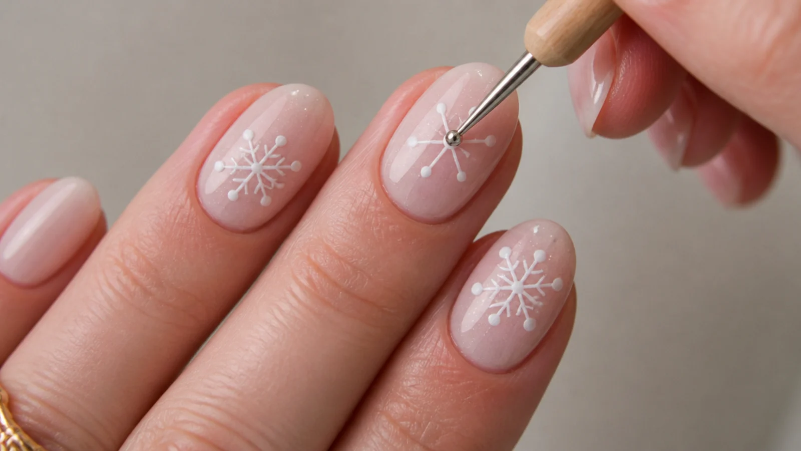 Small dots being placed at the end of each snowflake arm and in the center