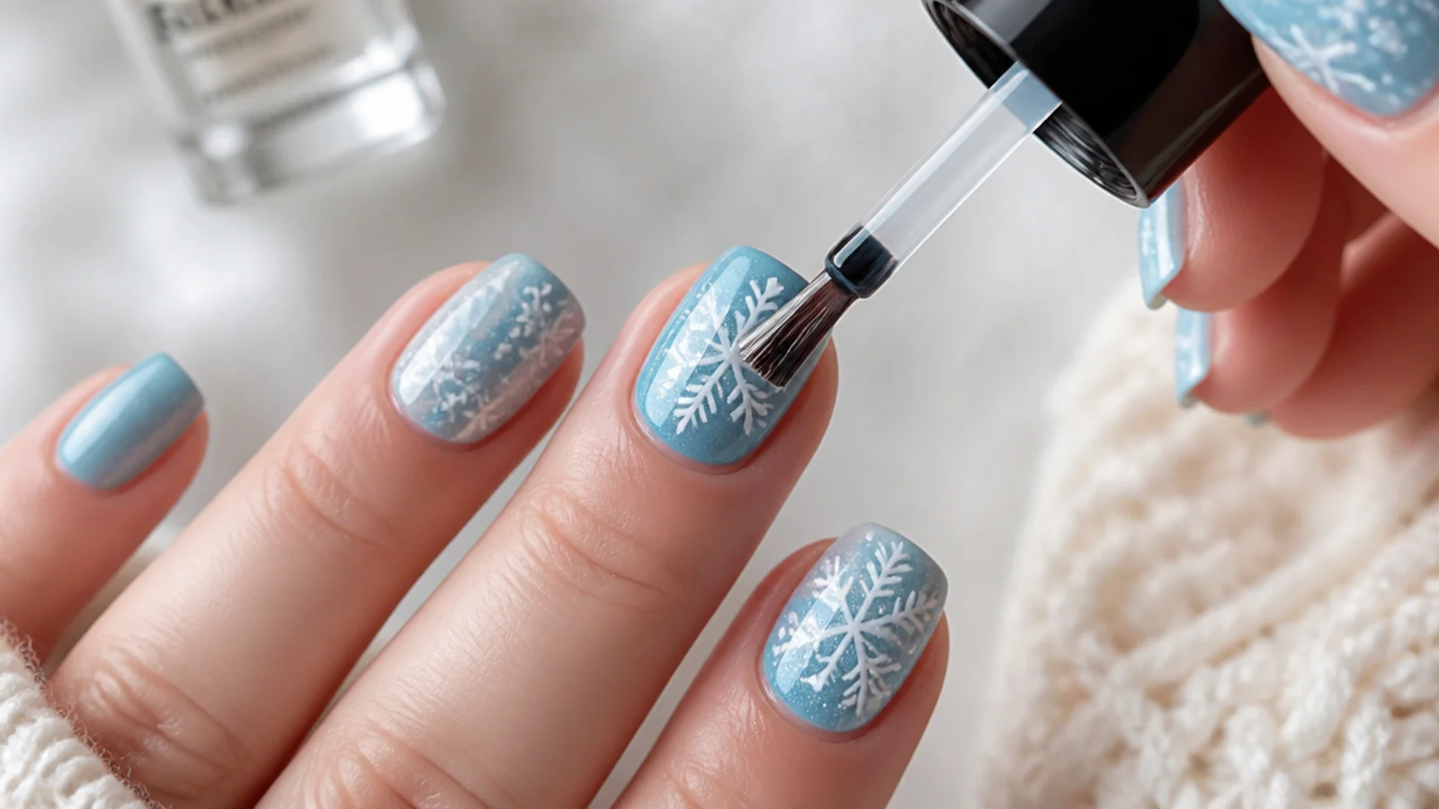 A glossy top coat sealing a finished white snowflake over an icy blue nail