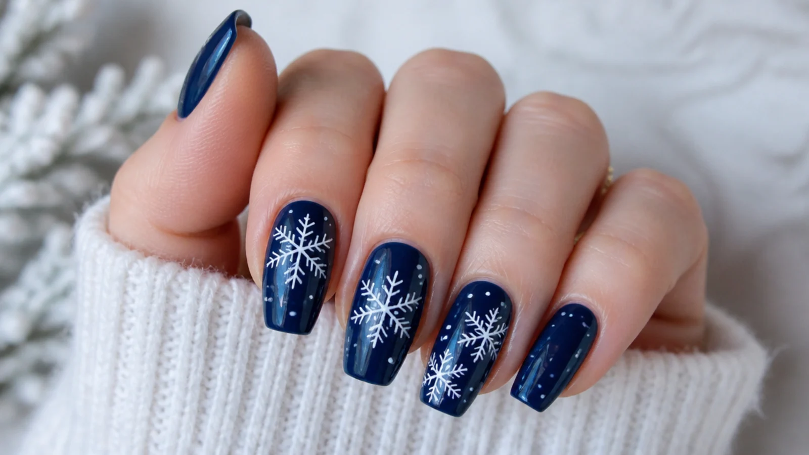 Navy blue snowflake nails with crisp white snowflakes