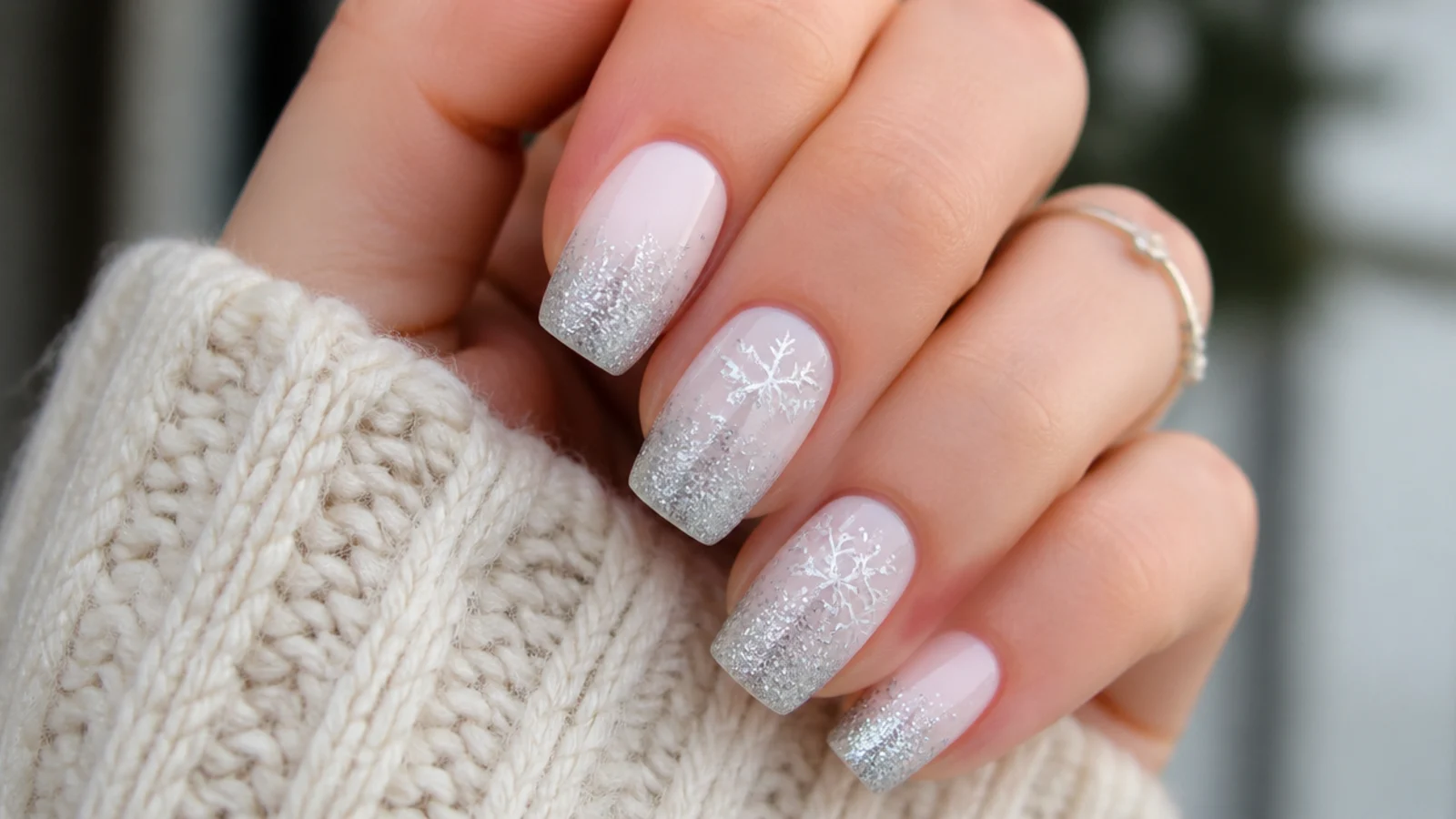 Silver glitter snowflake nails on a soft white base