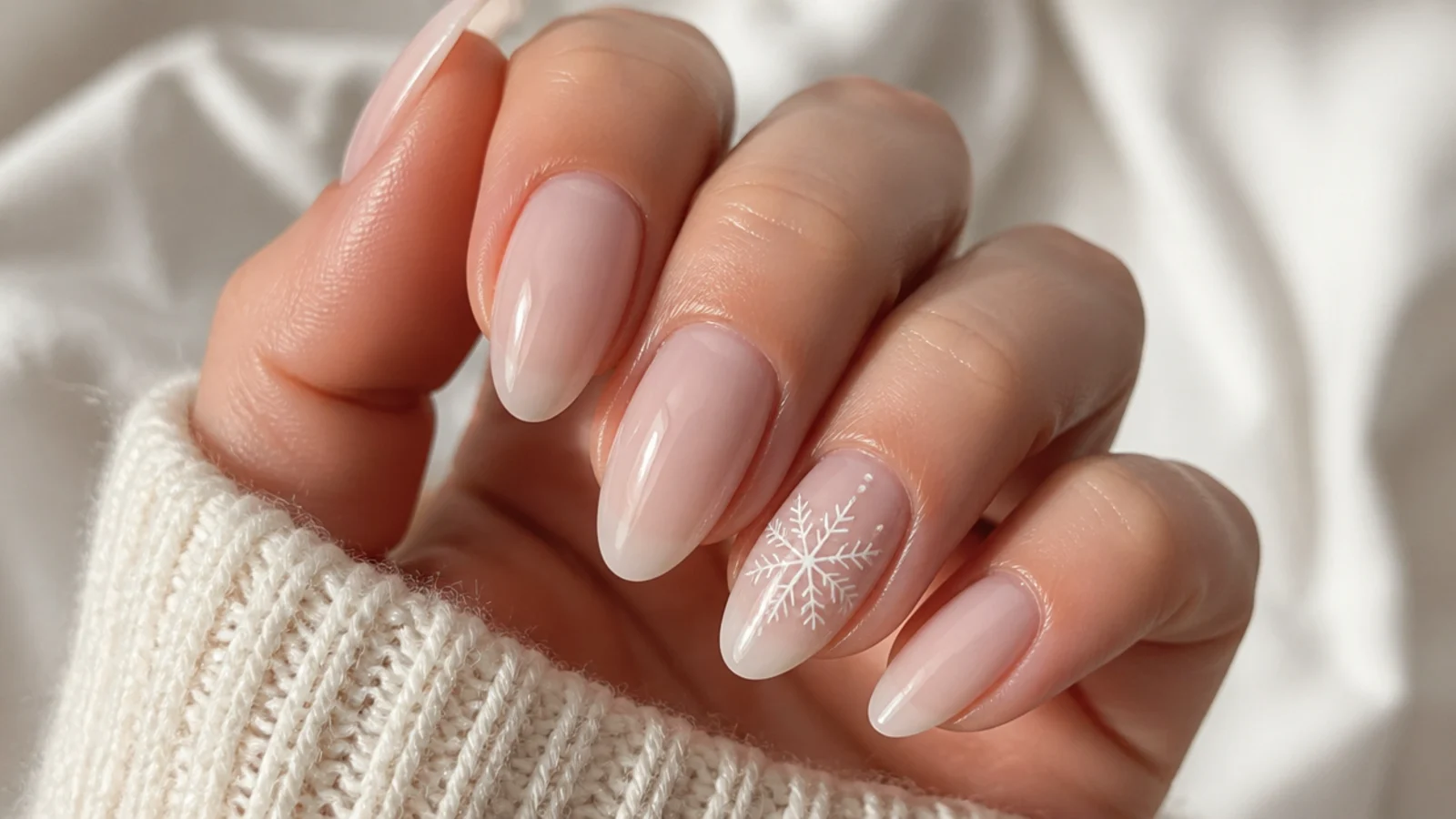 Milky nude snowflake nails with a single fine white snowflake accent