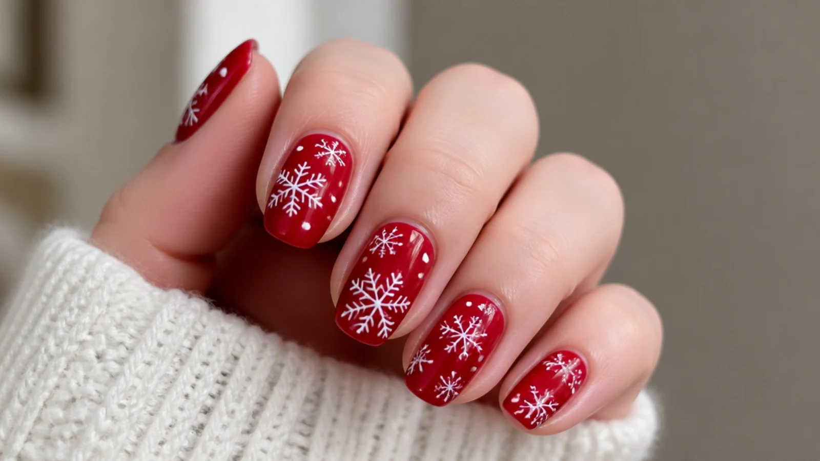 Red snowflake nails with white snowflakes for the holidays