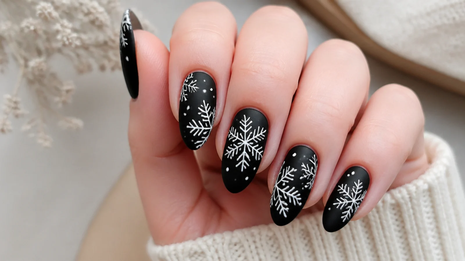 Black snowflake nails with graphic white snowflakes