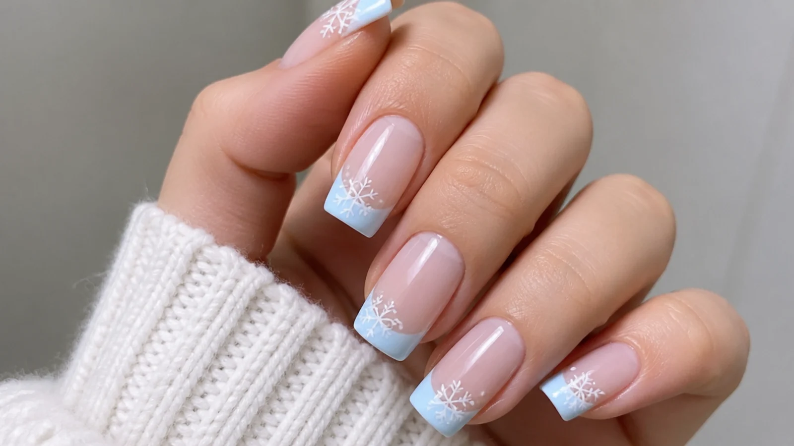 Baby blue French tip snowflake nails with a small flake on the tip
