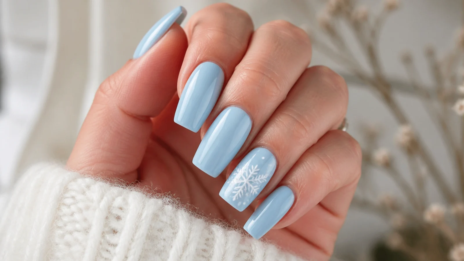 Icy blue nails with one white snowflake accent nail on the ring finger