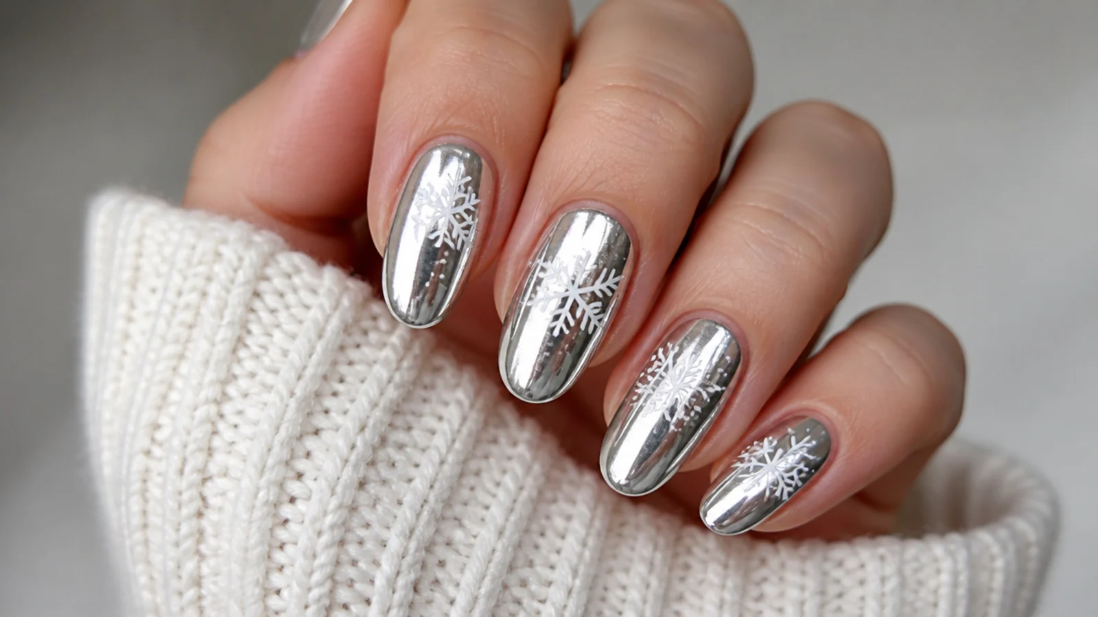 Silver chrome mirror snowflake nails with white flake detail