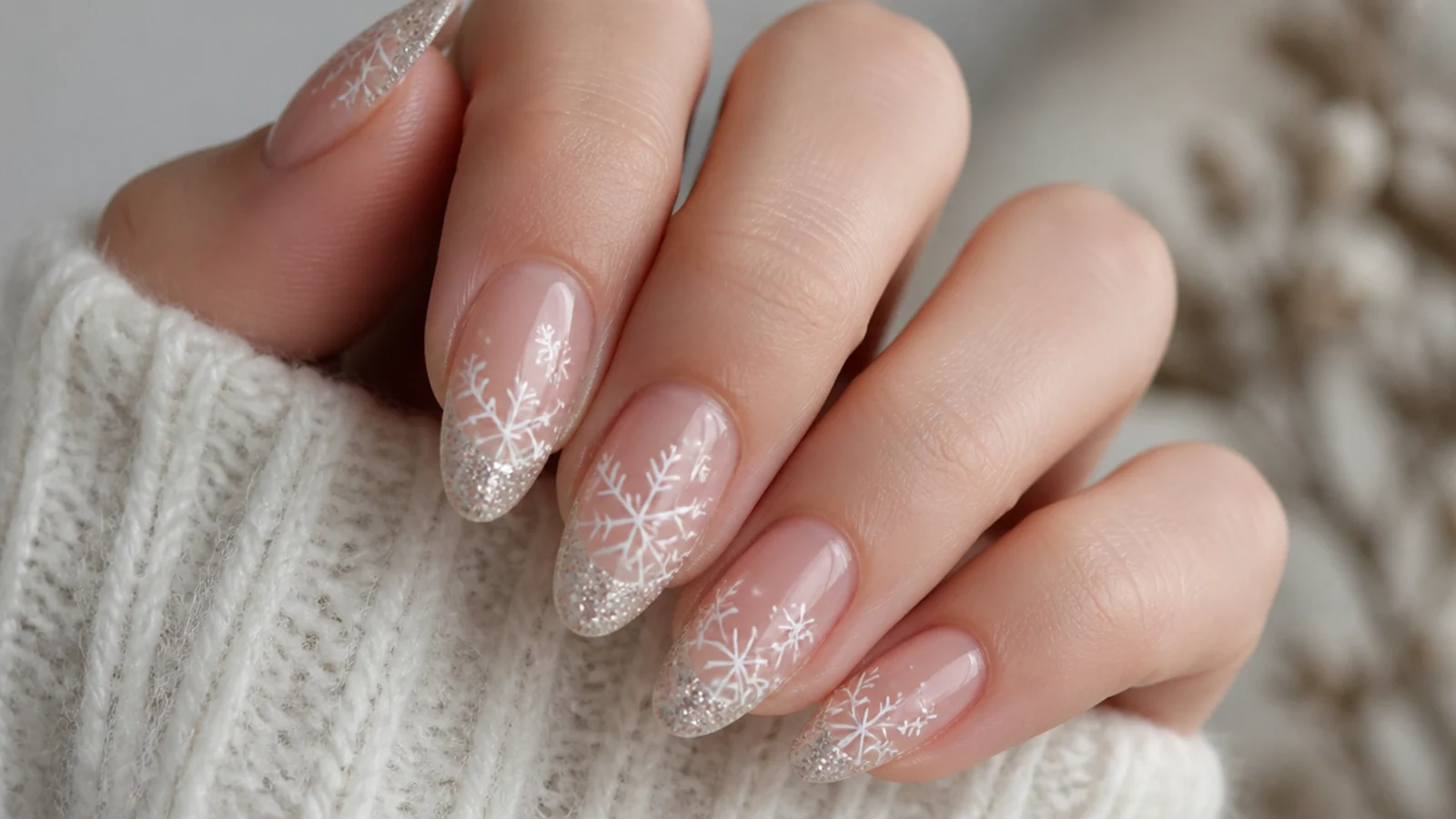 Silver glitter tip snowflake nails on a sheer nude base