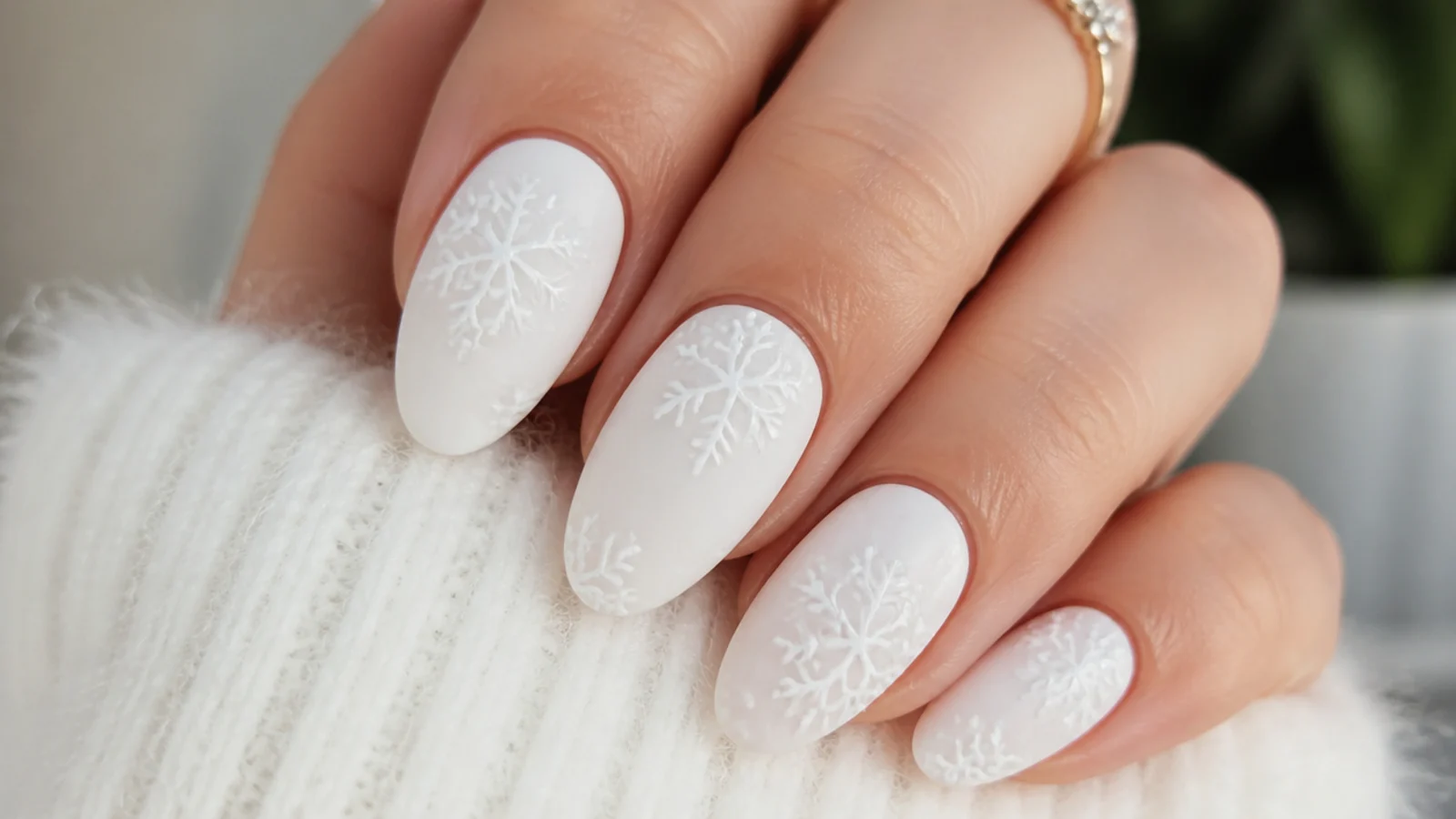 Matte white snowflake nails with glossy snowflake detail