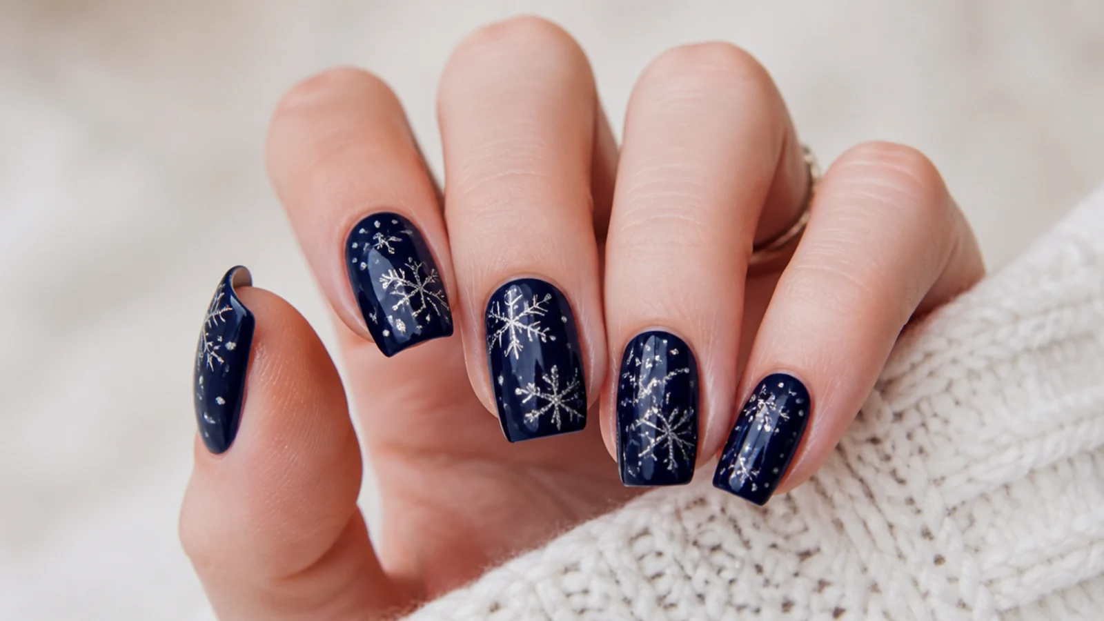 Navy snowflake nails with silver snowflakes and scattered dots