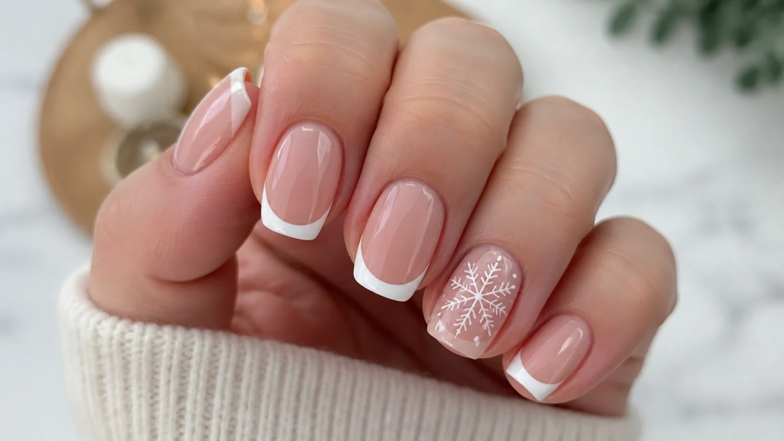 Nude French tip nails with one white snowflake accent nail
