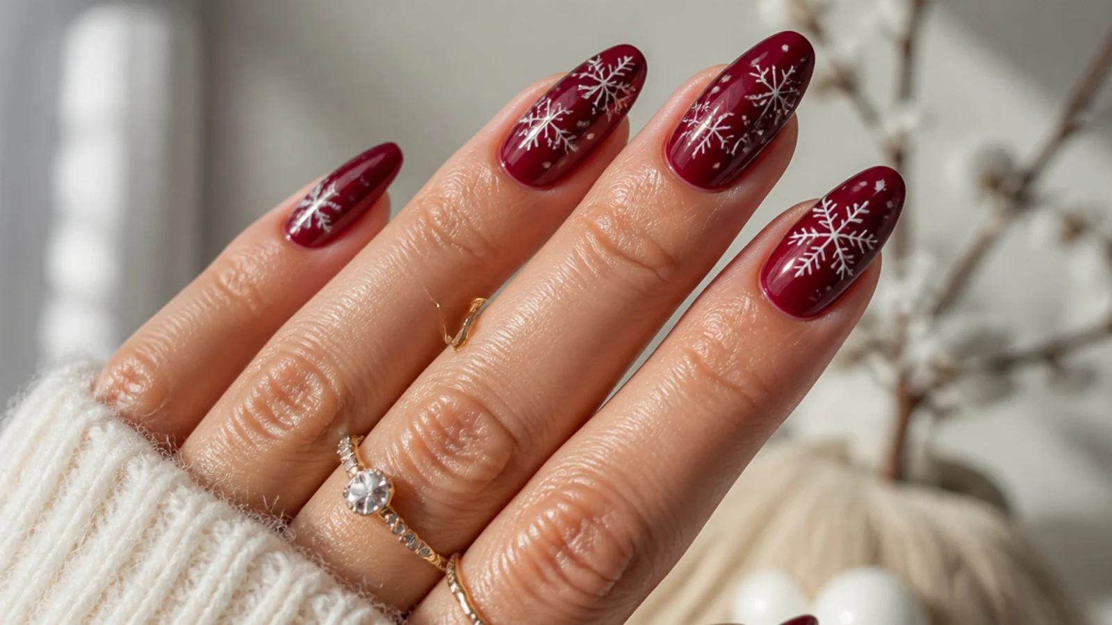 Dark oxblood red snowflake nails with fine white flakes on almond shape
