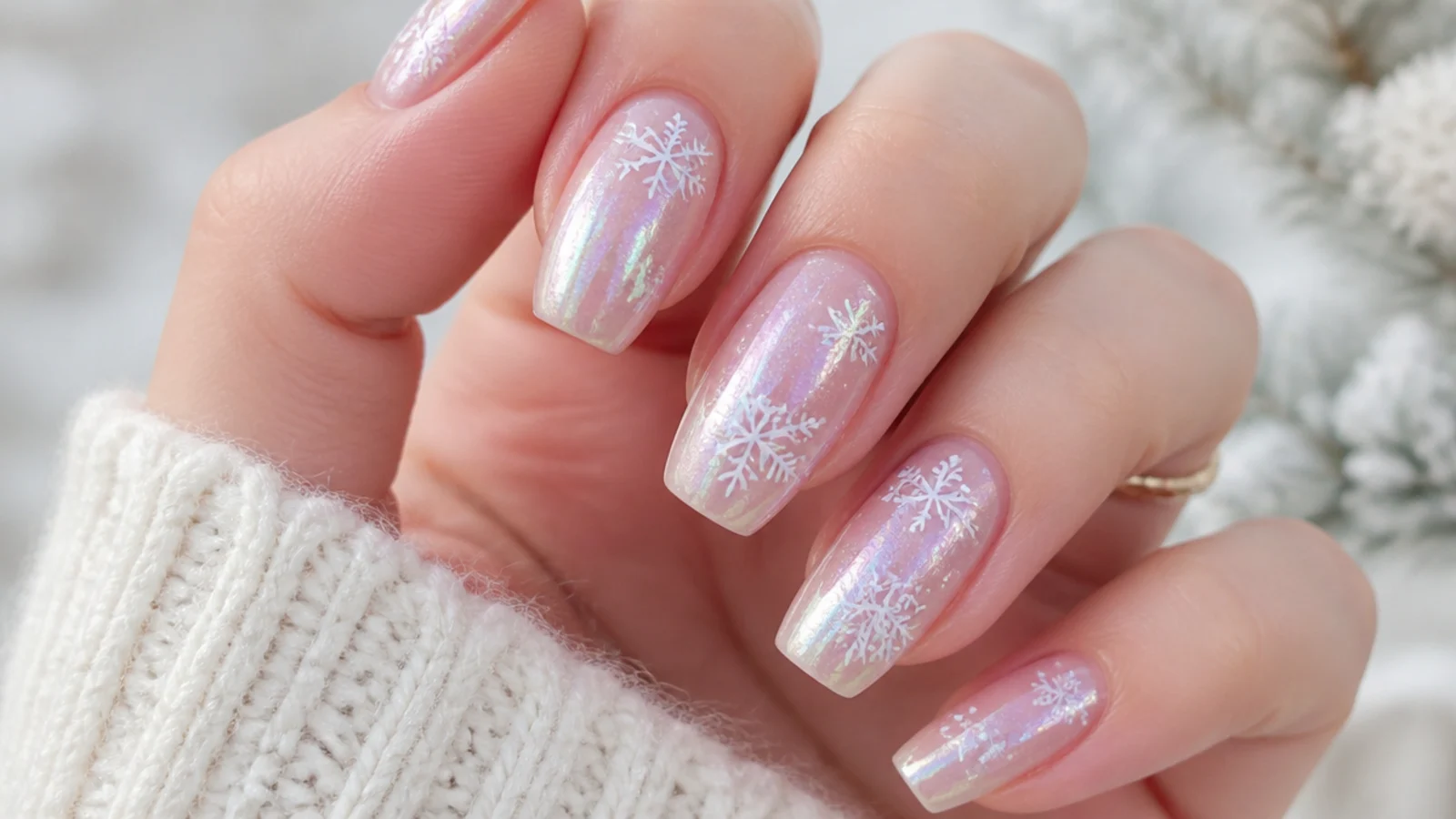 Iridescent aurora shimmer snowflake nails with white flakes
