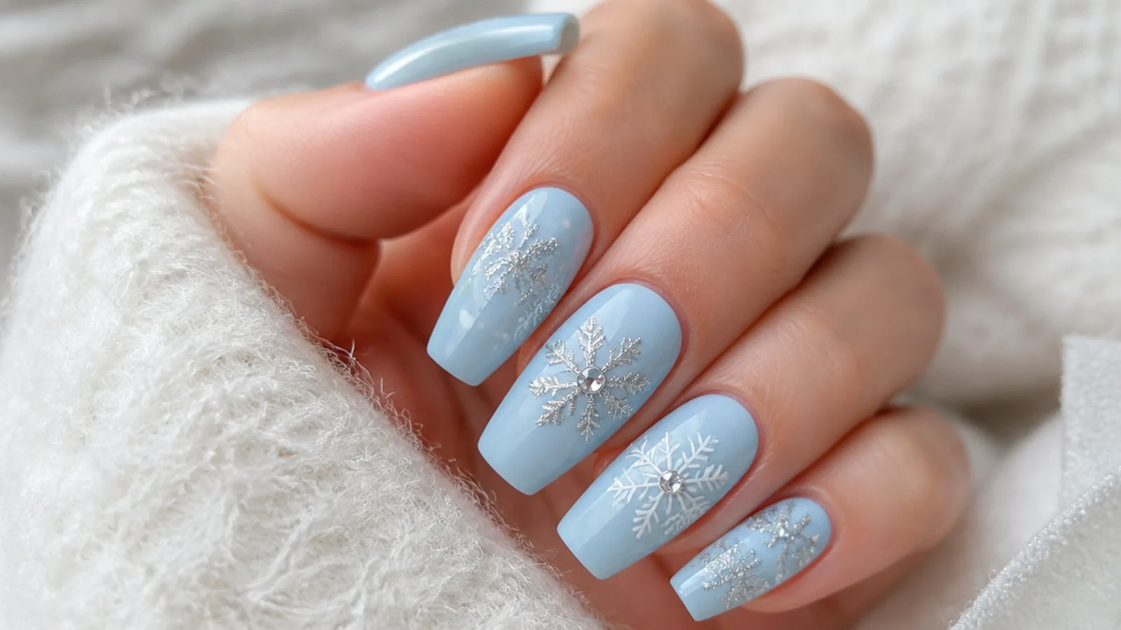 Ice blue snowflake nails with rhinestone-centered snowflakes