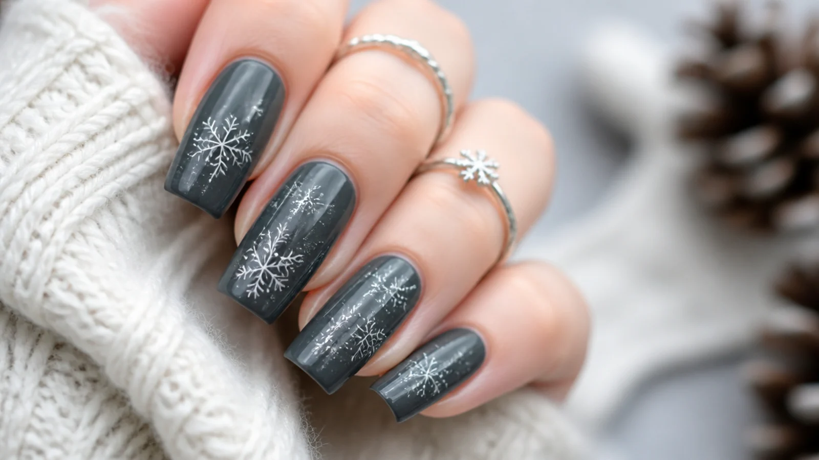 Charcoal gray snowflake nails with soft white flakes