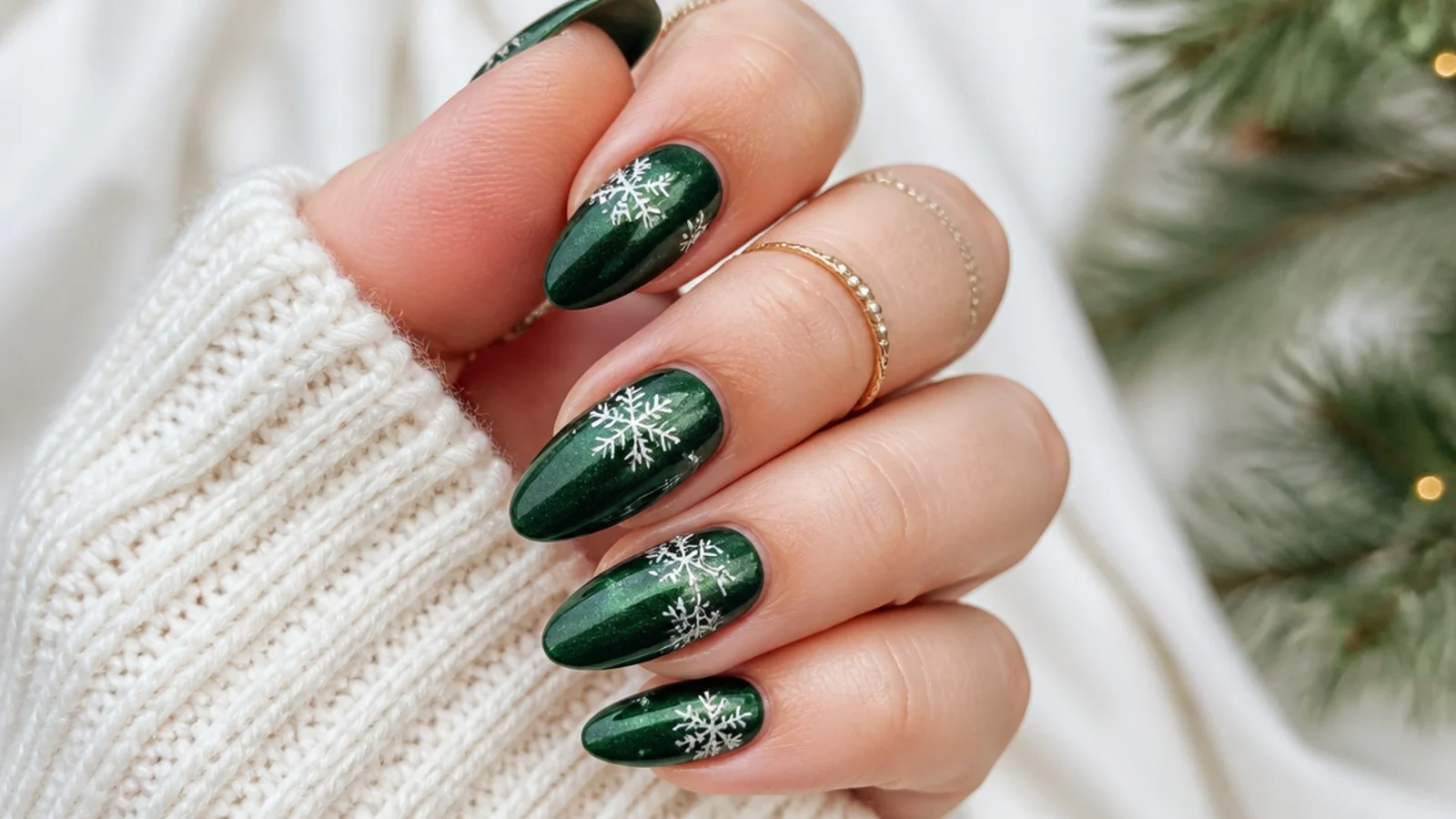 Emerald green snowflake nails with silver snowflakes