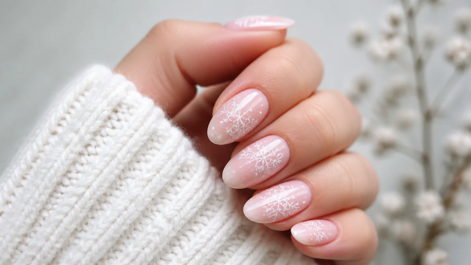 Soft baby pink snowflake nails with white flakes