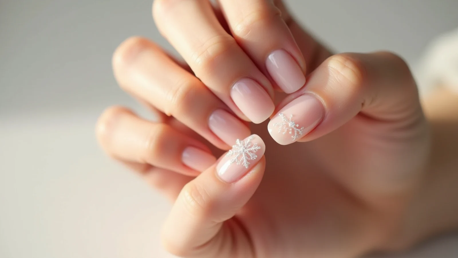 Sheer jelly nude nails with a single white snowflake