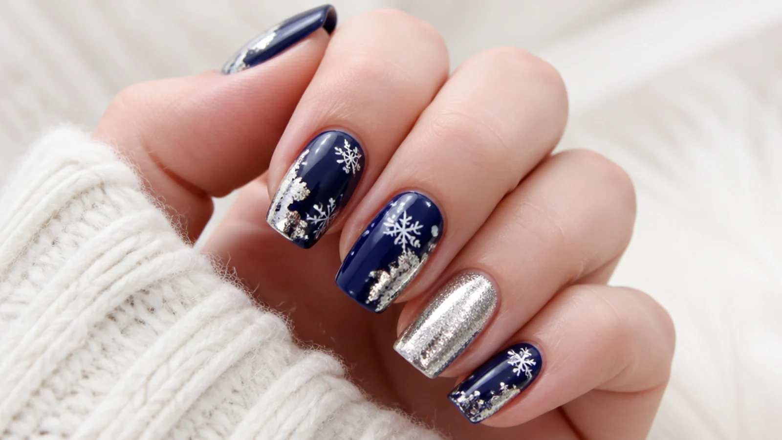 Navy nails with silver foil accents and white snowflakes