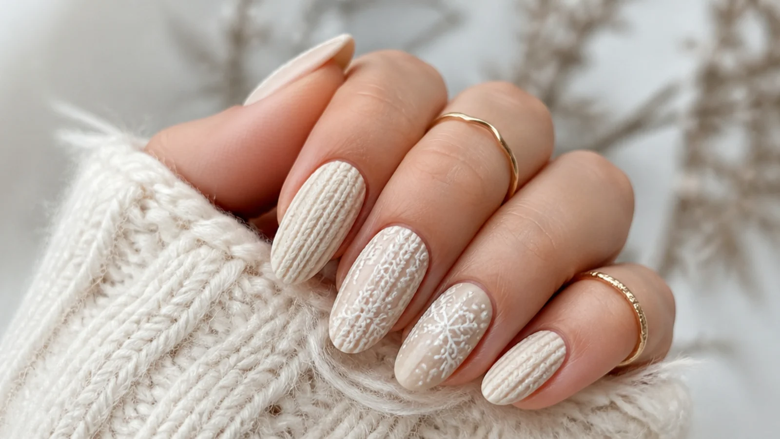 Textured cream sweater knit nails with white snowflake pattern