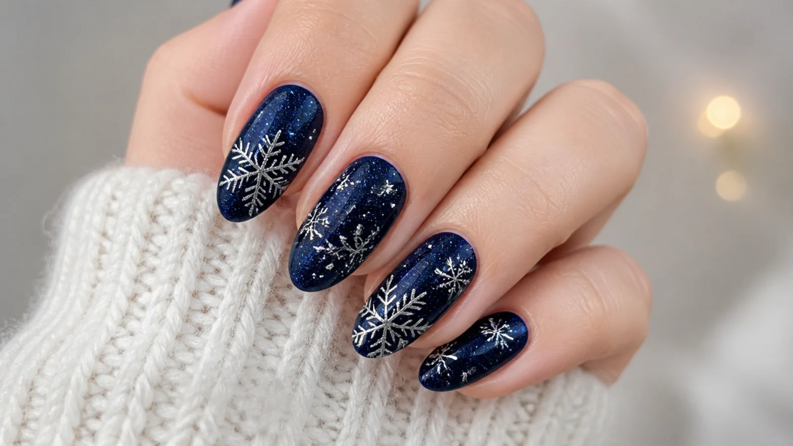 Midnight blue glitter nails with silver snowflakes