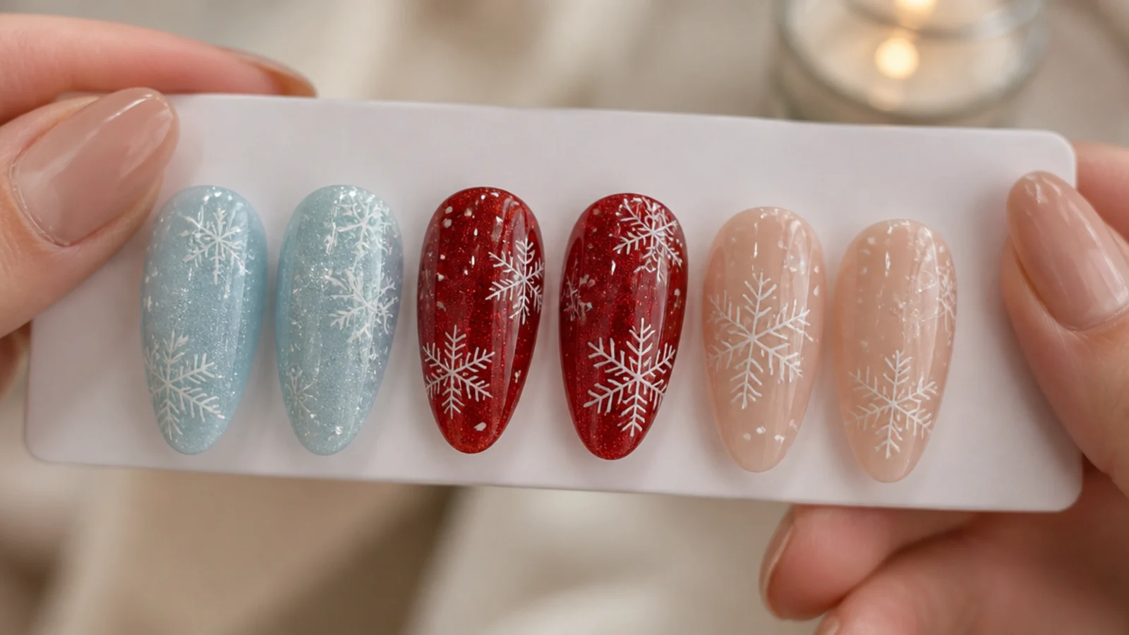 Icy blue, red and nude snowflake nail swatches side by side